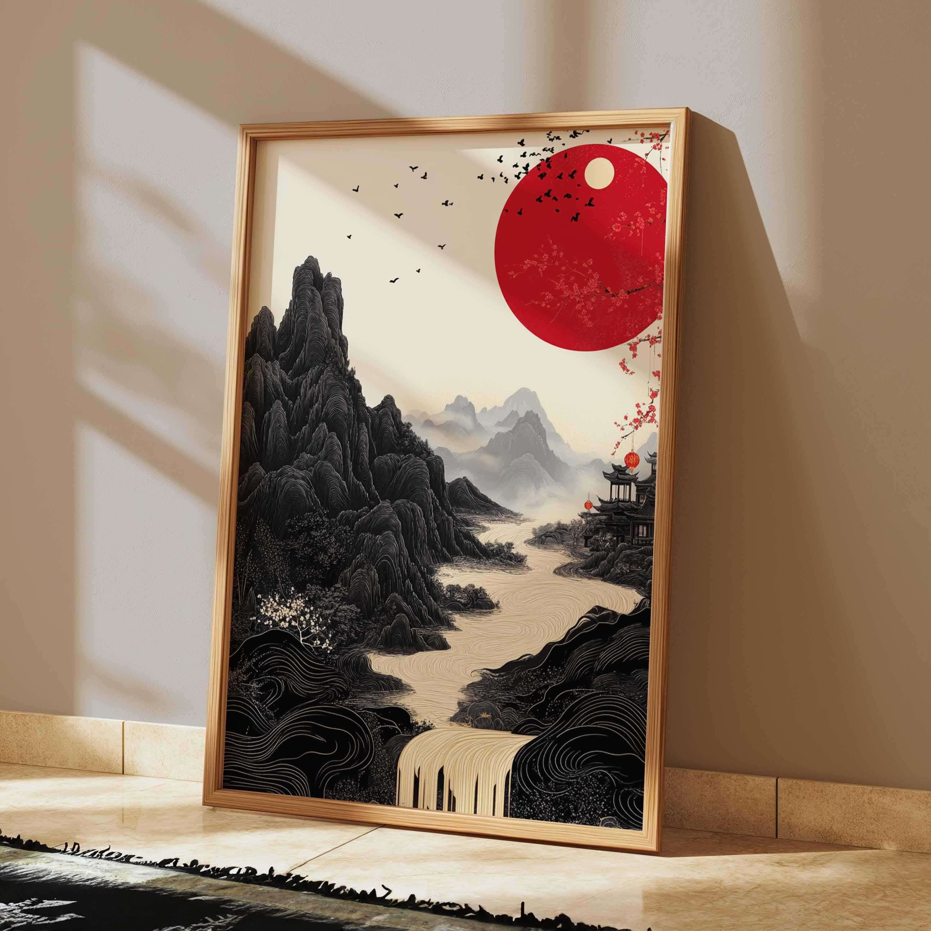 Red Sun Japanese Landscape Wall Art, Minimalist Oriental Mountain