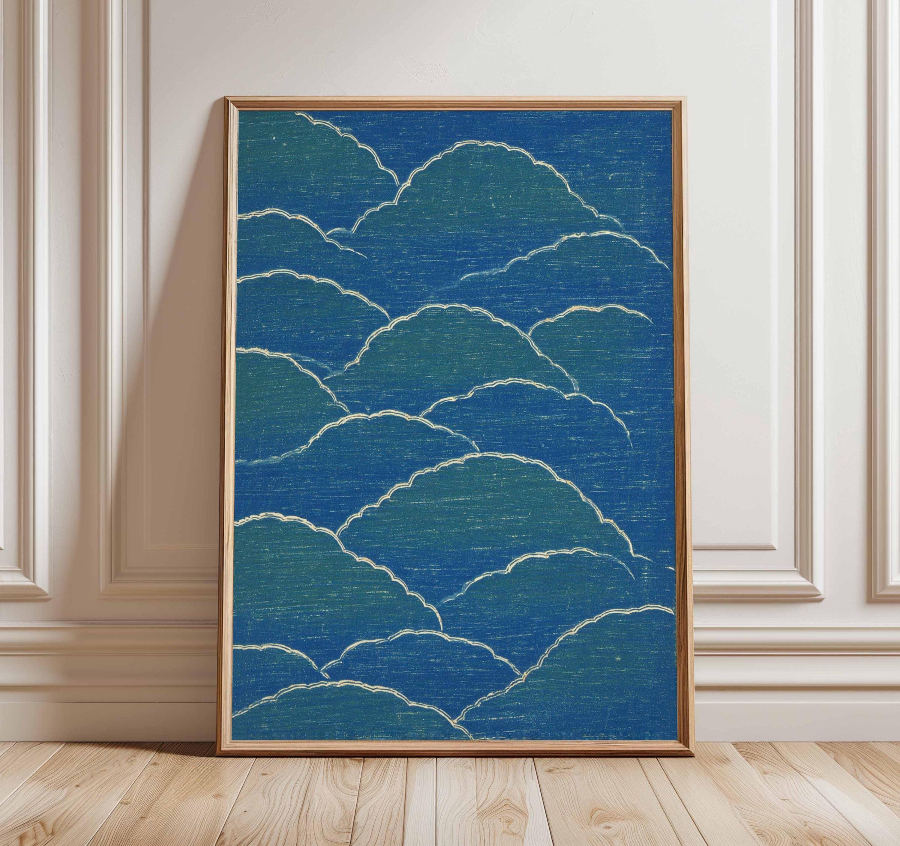 Japanese Blue Cloud Poster, Traditional Asian Wave Pattern Print