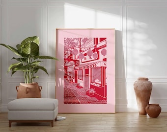 Red Japanese Street Art Print, Tokyo Alley Line Art Poster
