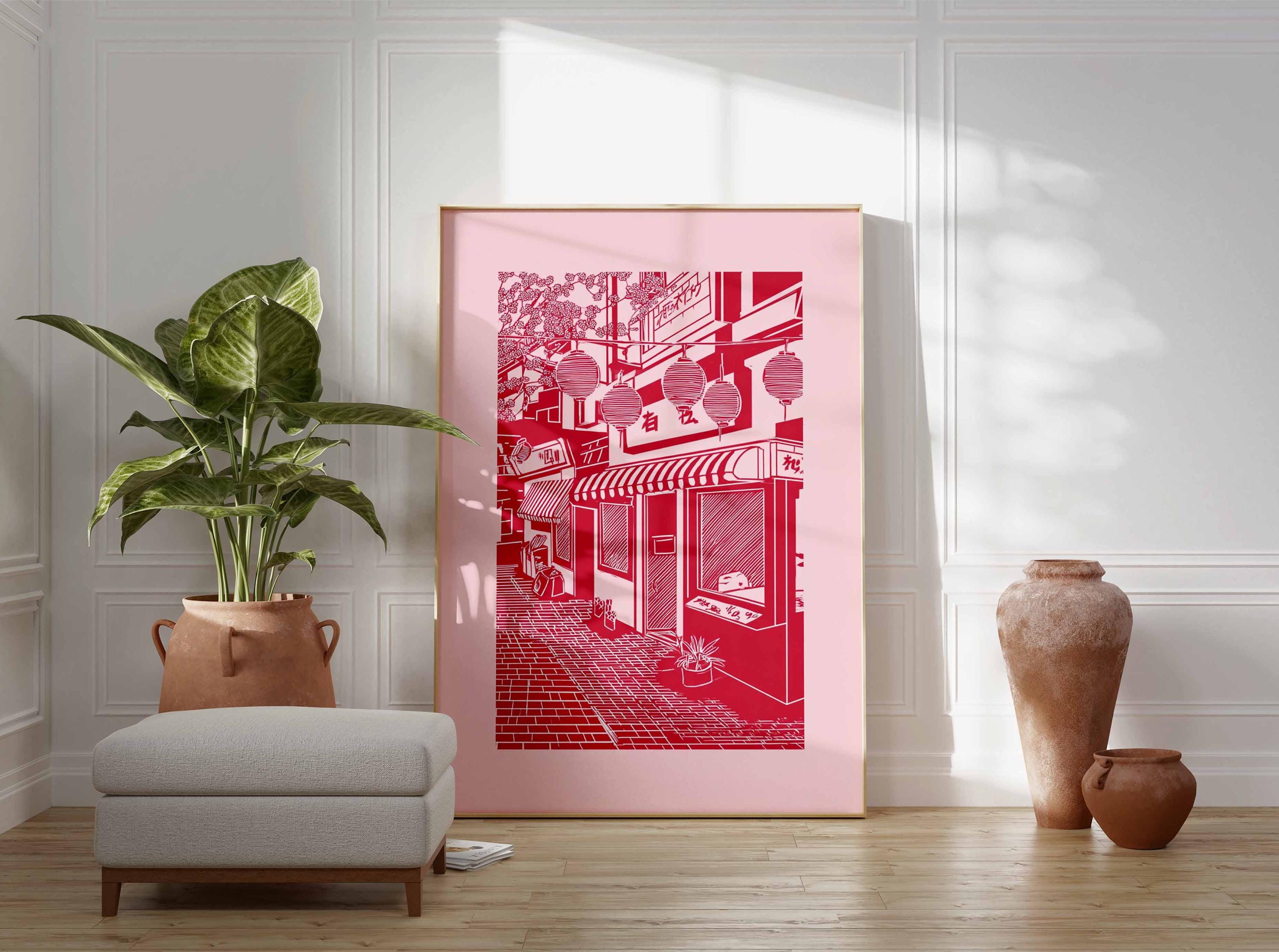 Red Japanese Street Art Print, Tokyo Alley Line Art Poster