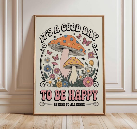 Mushroom Poster, Retro Psychedelic Wall Art, Vintage Boho Print