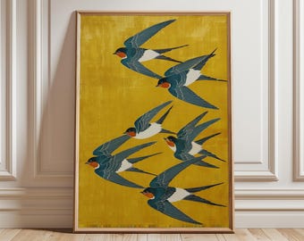 Swallow Birds Poster, Japanese Art Print, Yellow and Blue Wall Art