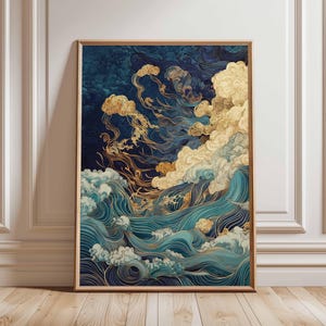 Goldenes Poster Wellen und Wolken - Asiatisch inspirierte Kunst, Elegante Ozean- & Himmelsszene, Traditionelle Japanische Wellenkunst, Gelassener Naturdruck