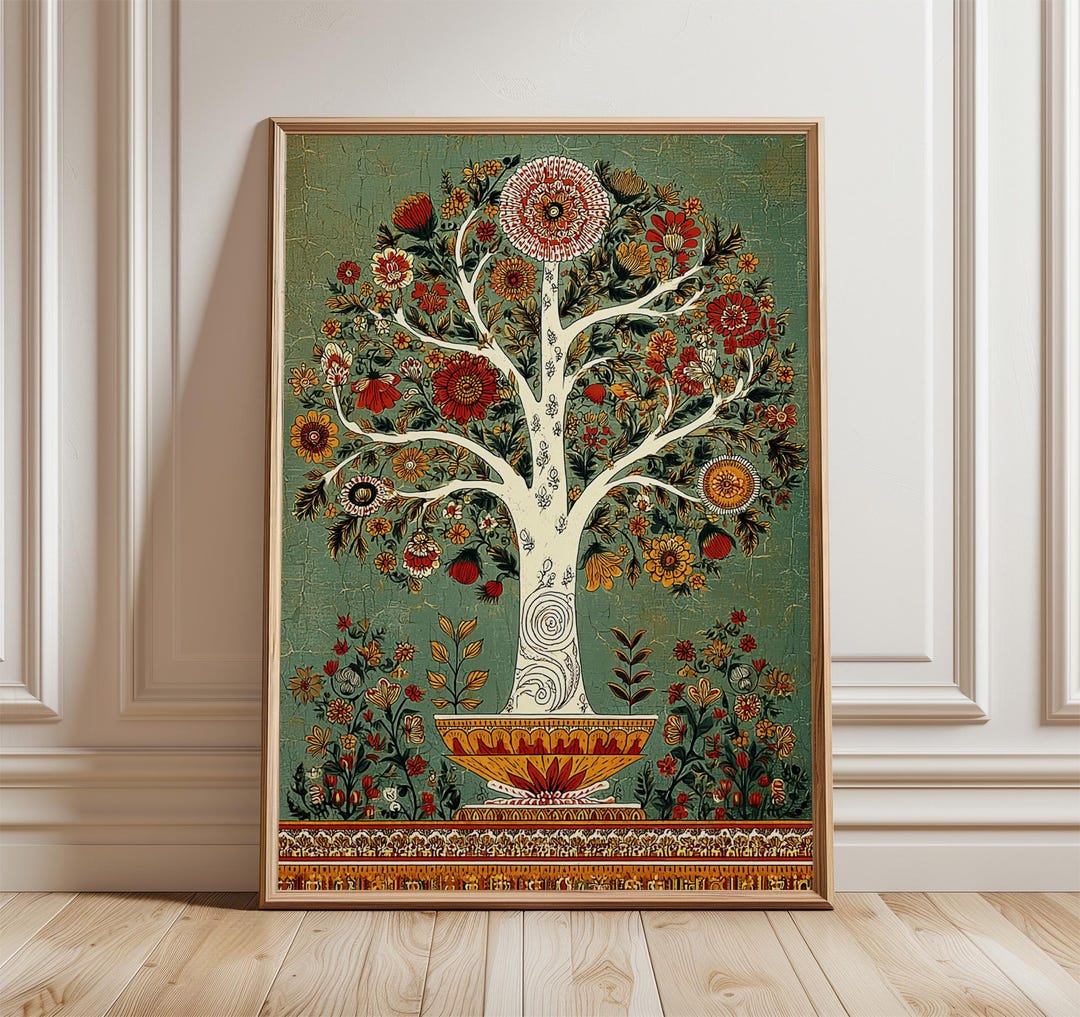 Folk Art Tree of Life Print, Vintage Botanical Wall Art, Indian Floral ...
