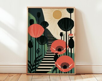 Art Deco Floral Poster, Coral Botanical Wall Art, Paper Print