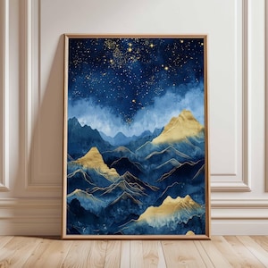 Sternenklare Berglandschaft, Berglandschaft, Poster, abstrakte Naturkunst, Sternenklare Nacht, Berg-Wand-Dekor, kosmische Kunst