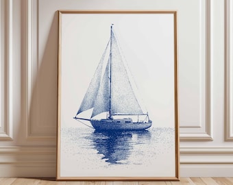 Lámina náutica de velero azul: arte minimalista para pared oceánico, ilustración de barco con puntillismo, póster de decoración costera para amantes del mar.
