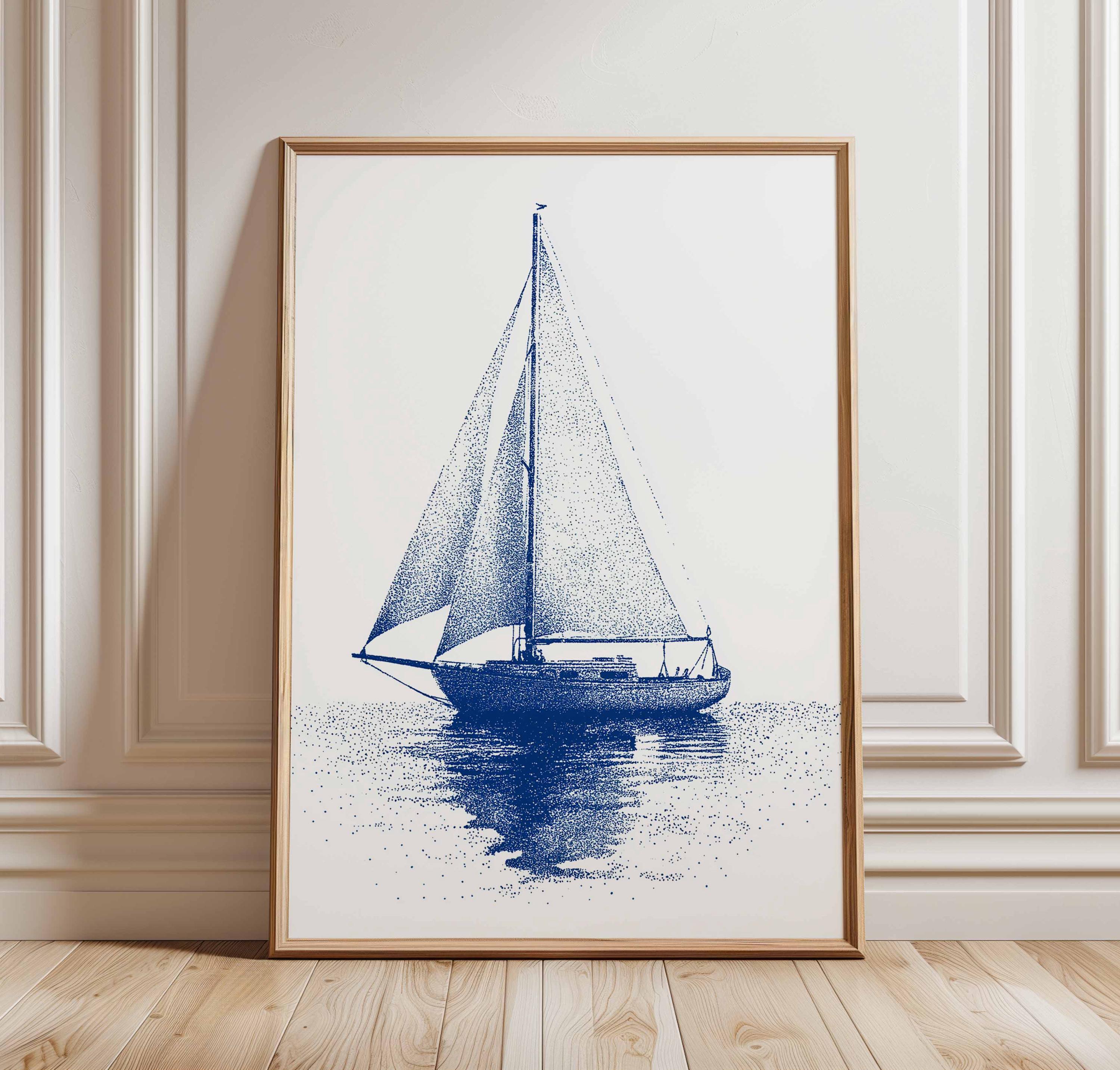 Blue Sailboat Nautical Art Print – Minimalist Ocean Wall Art