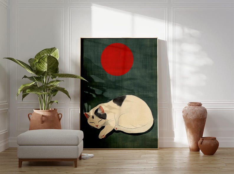 Sleeping Cat Poster | Japanese Style Animal Wall Art | Minimal Cat ...