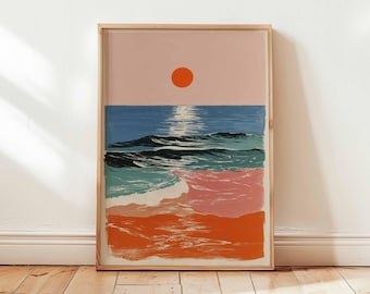 Retro zonsondergang oceaangolven poster – abstracte kustmuurkunst, moderne strandzonsopgang print in felle kleuren, ingelijste woondecoratie
