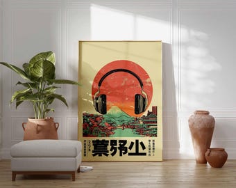 Retro Japanese Music Art Print, Headphones Mount Fuji Poster