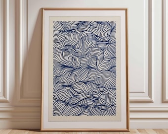 Abstracte golfkunstposter, blauwe lijnkunstprint, minimalistische oceaangolven, hedendaagse natuur muurdecoratie, stromend golfkunstwerk