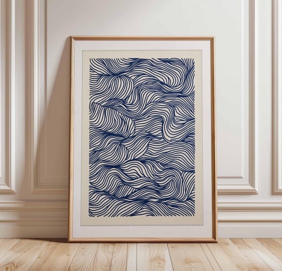 Abstract Wave Art Poster, Blue Line Art Print, Minimalist Ocean