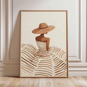 Minimalistische Frau mit Sonnenhut Poster - Neutraler Boho Wand Kunstdruck, moderne Mode Silhouette, Beige Braune Linie Kunstwerk