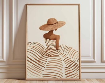 Minimalist Woman in Sun Hat Poster – Neutral Boho Wall Art Print, Modern Fashion Silhouette, Beige Brown Line Artwork