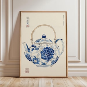Puede incluir: Impresión enmarcada de una tetera floral azul y blanca. La tetera presenta un gran diseño floral y un asa curva. La impresión está en un marco de madera y se apoya contra una pared blanca y un suelo de madera.