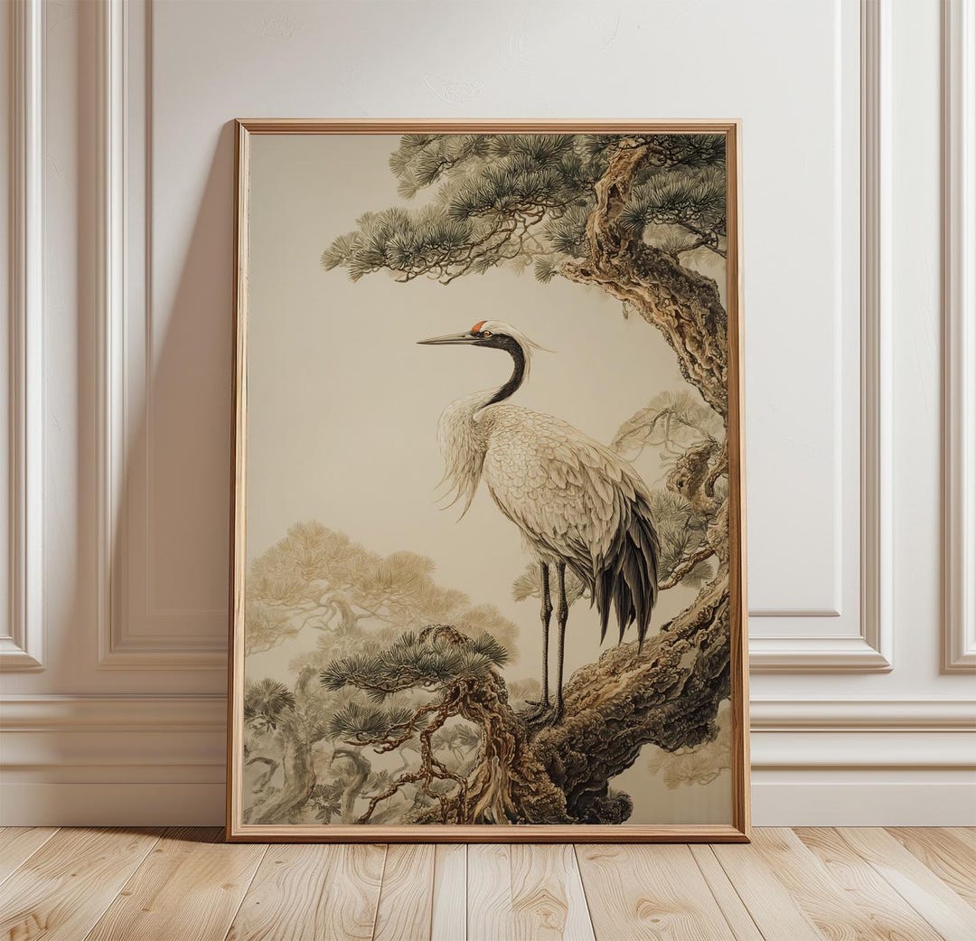 Japanese Crane Bird Wall Art Poster Vintage Nature Print Elegant Asian ...