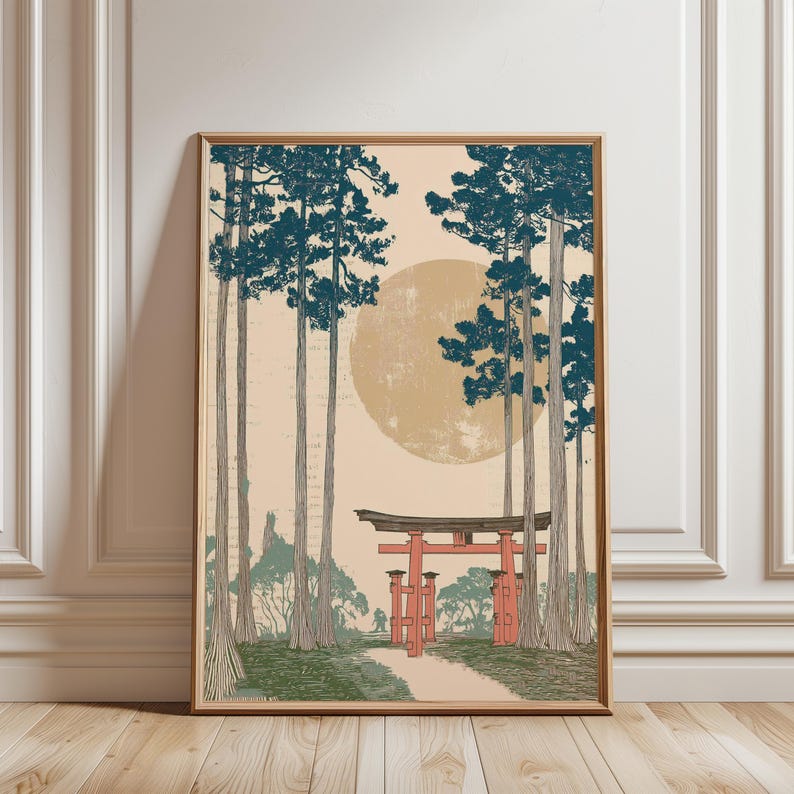 May include: Framed art print featuring a Japanese landscape with a red torii gate, tall trees, and a large yellow sun. The artwork has a vintage aesthetic with muted colors and a serene atmosphere. The print is displayed in a wooden frame.