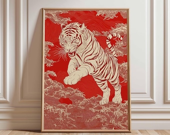 Stampa artistica di tigre giapponese - Illustrazione di tigre rossa e oro, poster di tigre audace, stile tradizionale giapponese, arte murale di animali selvatici