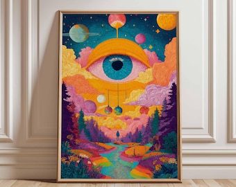 Psychedelisches Auge Wand Kunst Druck, Trippy kosmische Landschaft Poster, lebendige surreale Natur Dekor, Drittes Auge Universum Kunstwerk