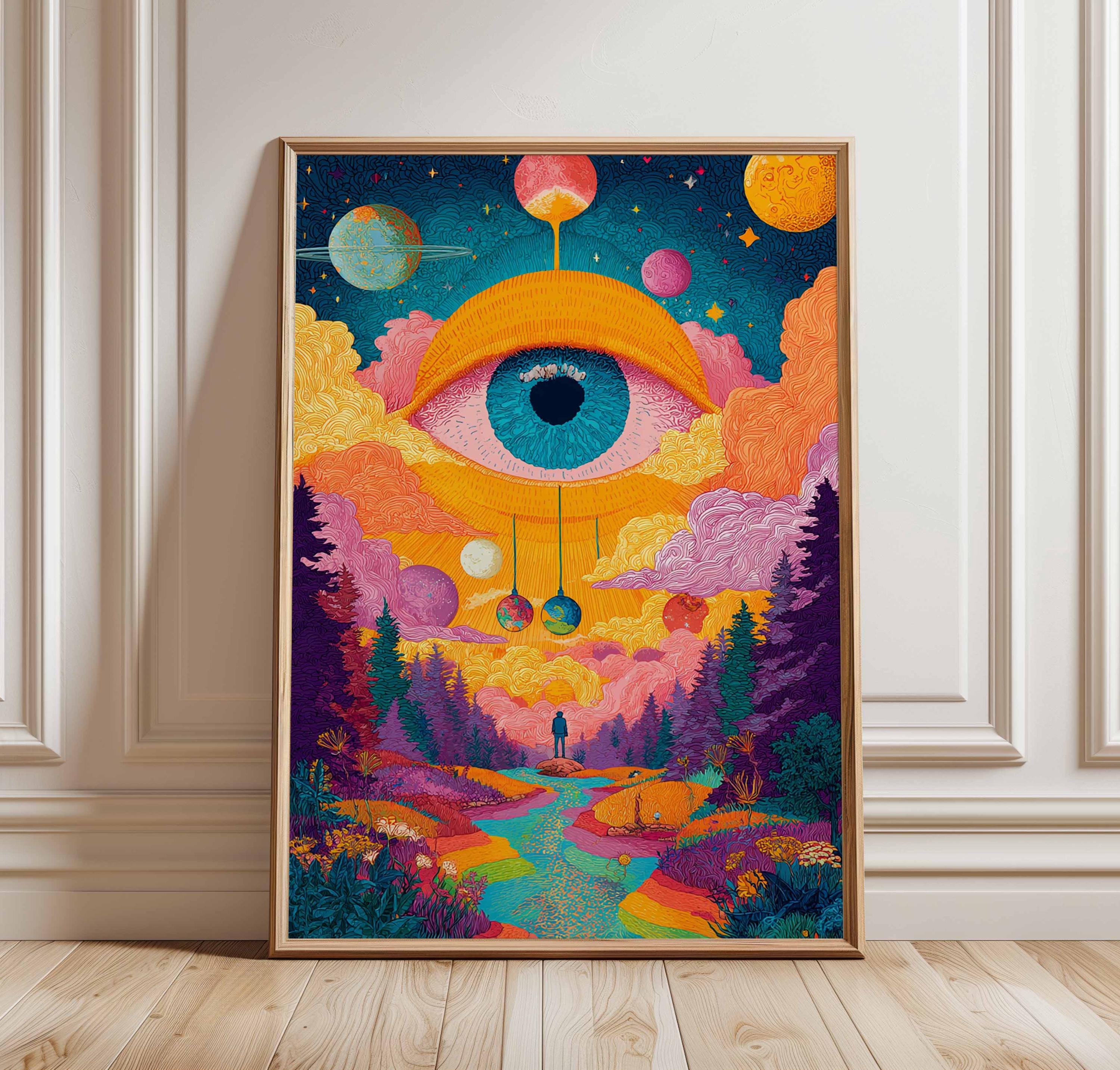 Psychedelic Eye Wall Art Print, Trippy Cosmic Landscape Poster
