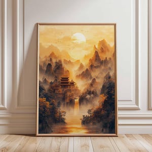 Chinesische Landschaft Kunst Poster, Berg und Wasserfall Druck, Nebliger Tempel Wandkunst, Orientalische Dekoration, Gelassene Natur Poster, Goldener Sonnenuntergang Kunst