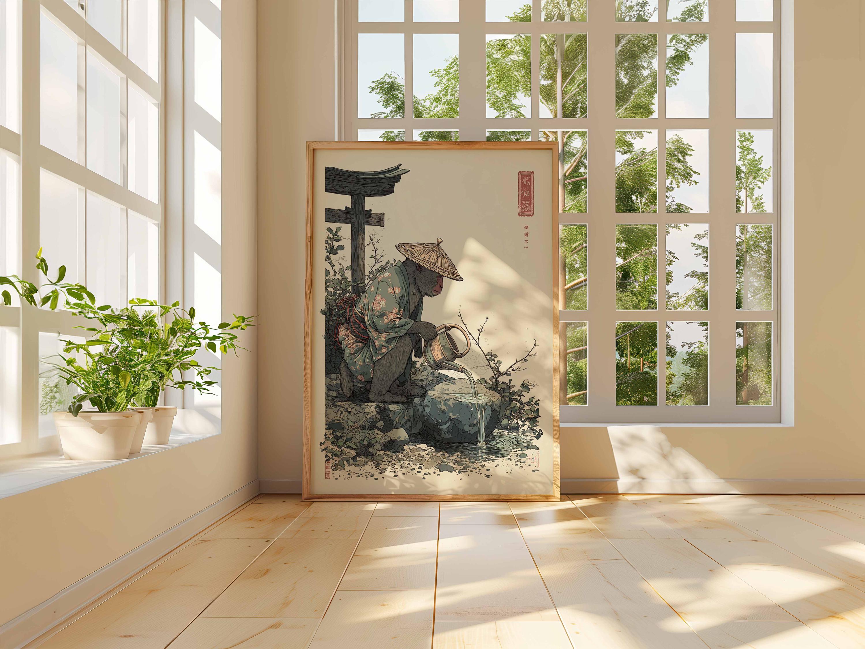 着物を着た日本の猿のポスター、禅ガーデンの動物アートプリント