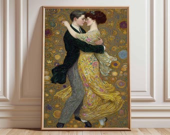 Pôster de dança romântica de casal – Impressão de arte de parede inspirada em Gustav Klimt, pintura de amantes vintage, decoração de casa em estilo Art Nouveau dourado