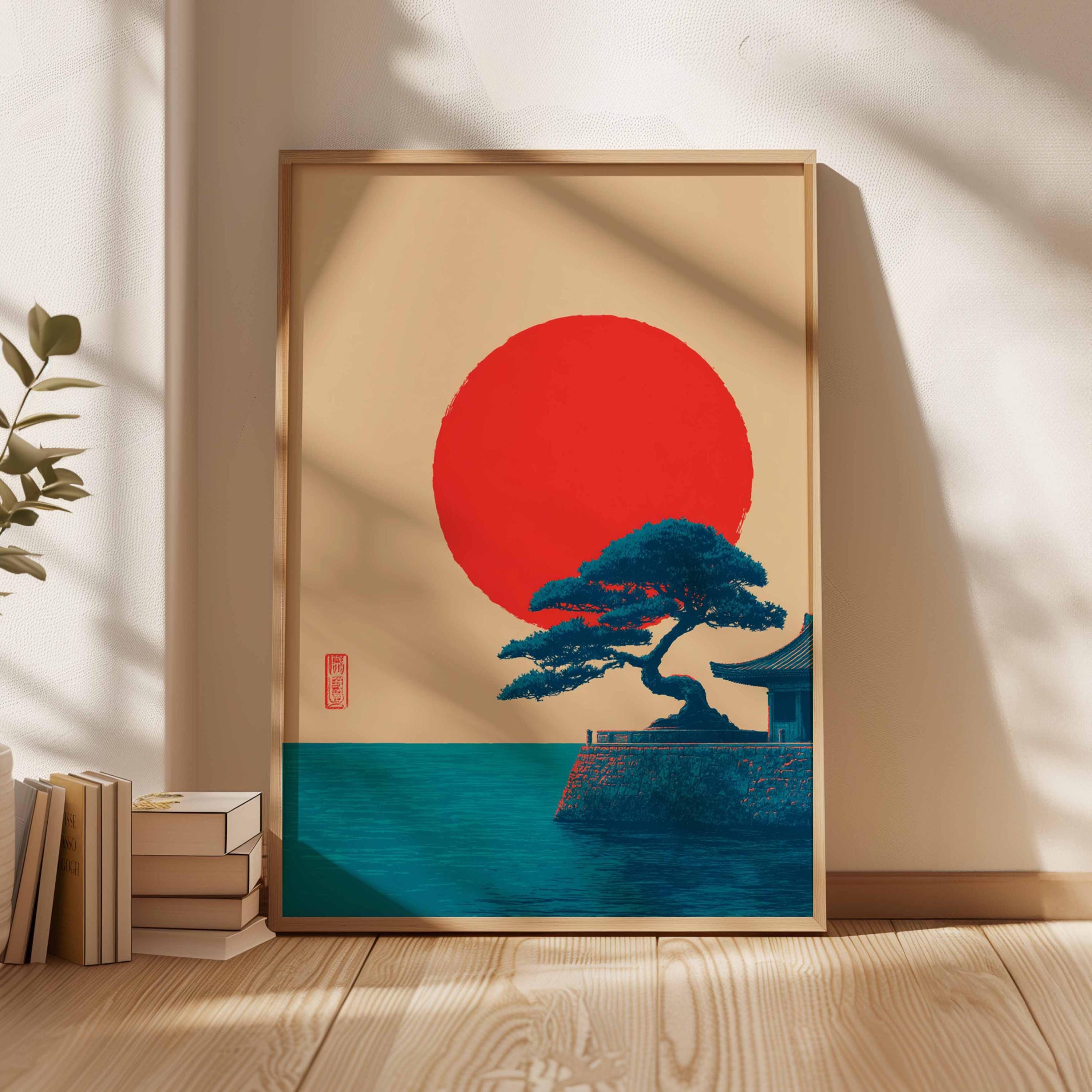 Japanese Sunset Poster, Minimalist Red Sun Wall Art, Zen Landscape