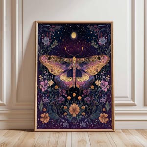 Poster papillon mystique - Art papillon de nuit, design lune et étoiles, décoration florale botanique, art mural papillon bohème, affiche vintage