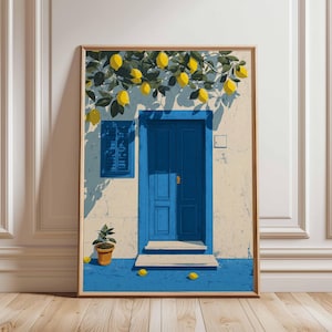 Lemon Tree Doorway Print, Mediterranean Wall Art, Greek Island Poster, Blue Door Lemon Decor, Summer Italy Travel Art, Rustic Fruit Artwork
