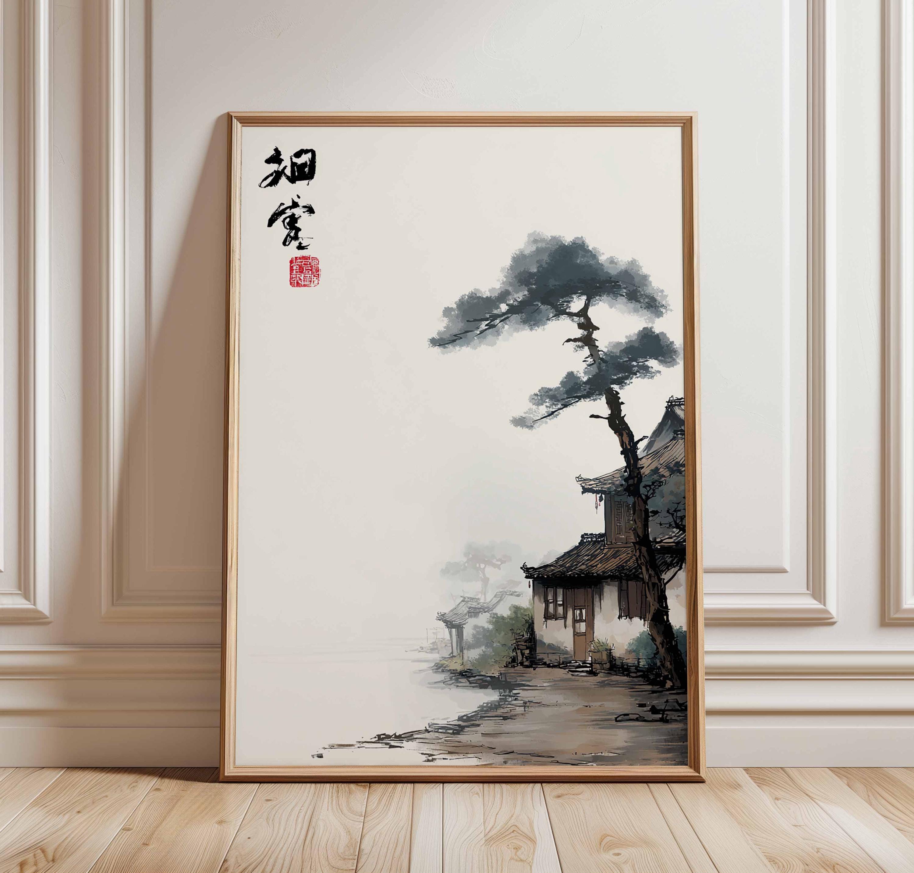 日本の墨絵風景画ポスター、ミニマリストなアジアの家の壁アート、水面 