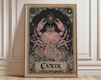 Cancer Sternzeichen Poster, Astrologie Wandkunst, Vintage Horoskop Druck, Celestial Crab Kunstwerk, Gothic Mystic Astrologie Home Decor