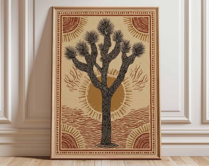 Joshua Tree Sunburst Poster, Boho Desert Wall Art, Vintage Western Cactus Print, Southwestern Nature Illustration, Earth Tone Home Decor