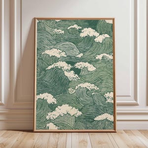 Japanse poster met golfpatroon, traditionele groene oceaanprint, minimalistische Aziatische muurkunst, decor zenzee, ingelijste, op de natuur geïnspireerde kunstwerken