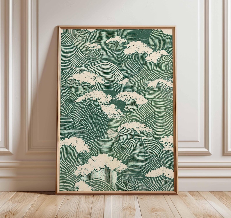 Japanese Wave Pattern Poster, Traditional Green Ocean Print, Minimalist Asian Wall Art, Zen Sea Decor, Unframed Nature-Inspired Artwork