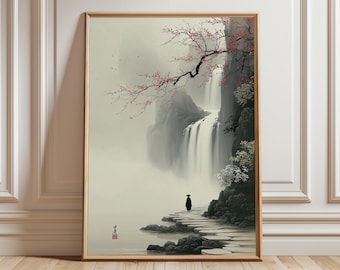 Japansk vattenfallsväggkonst, zenlandskapsaffisch, traditionell asiatisk bläckmålning för vardagsrum och heminredning