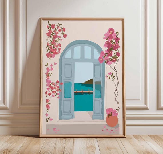Mediterranean Window View Art Print, Pink Bougainvillea Poster