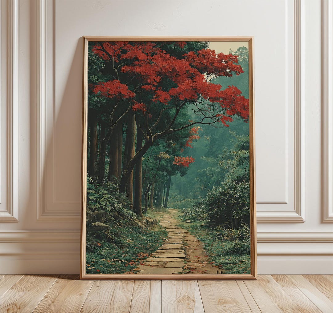 Forest Path Poster, Japanese Style Print, Red Maple Tree Wall Art ...