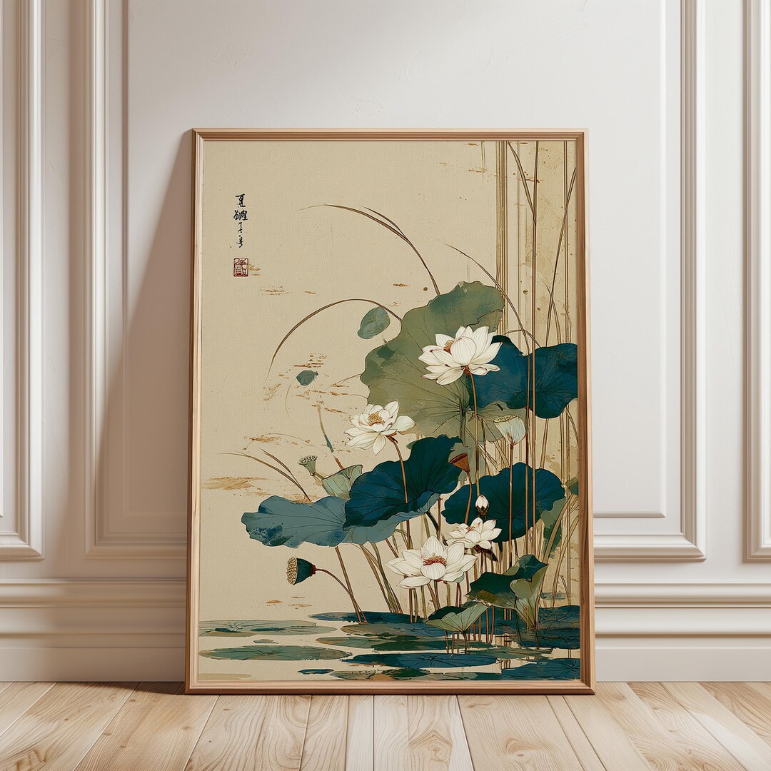 Japanese Lotus Flower Poster Green Beige Wall Art Botanical ...