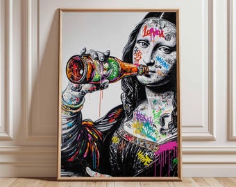 Mona Lisa Street Art Poster, Graffiti Style Pop Art Print with Beer Bottle, Urban Wall Art, Bold Contemporary Home Decor, Funky Cool Artwork