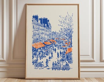 Paris Market Poster, Vintage Illustration Art Print, French Street Scene Wall Art, Travel Decor