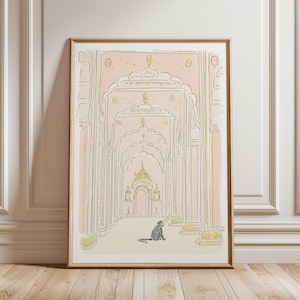 May include: A framed art print depicts a detailed illustration of an arched hallway with a monkey. The artwork features a soft color palette of pink, gold, and beige. The print is encased in a wooden frame, adding a touch of elegance to the piece.