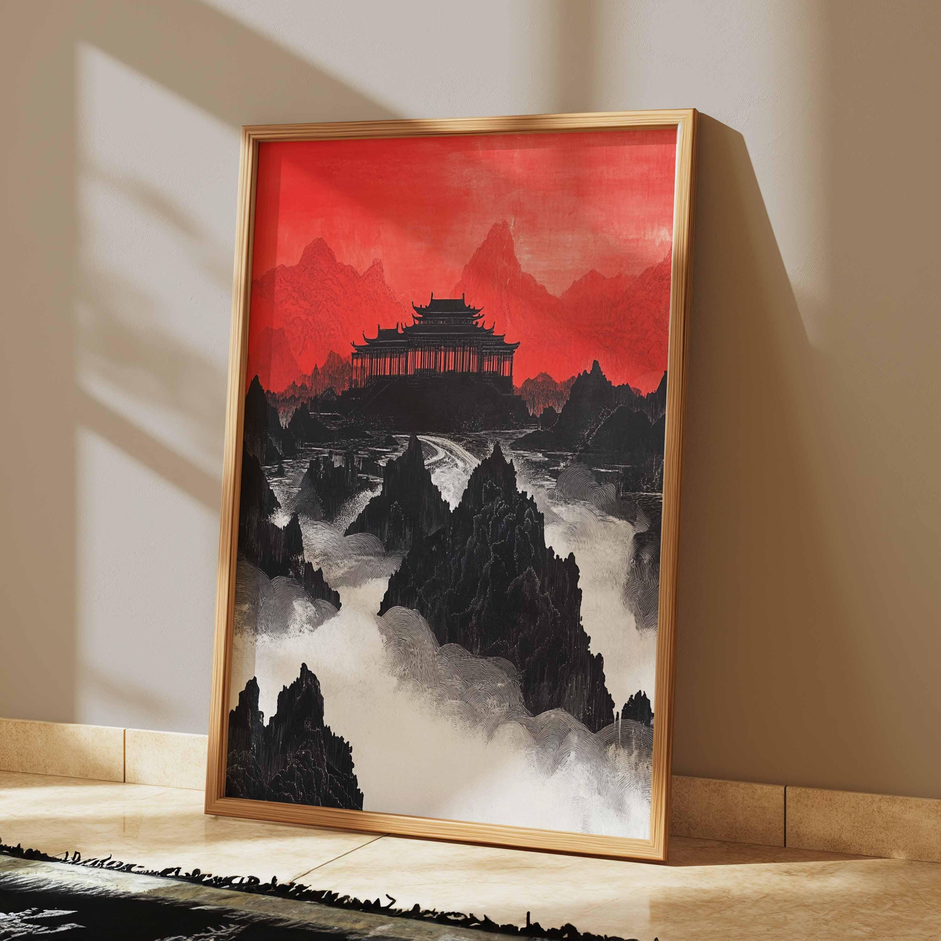 Red and Black Japanese Temple Wall Art, Dramatic Mountain Mist