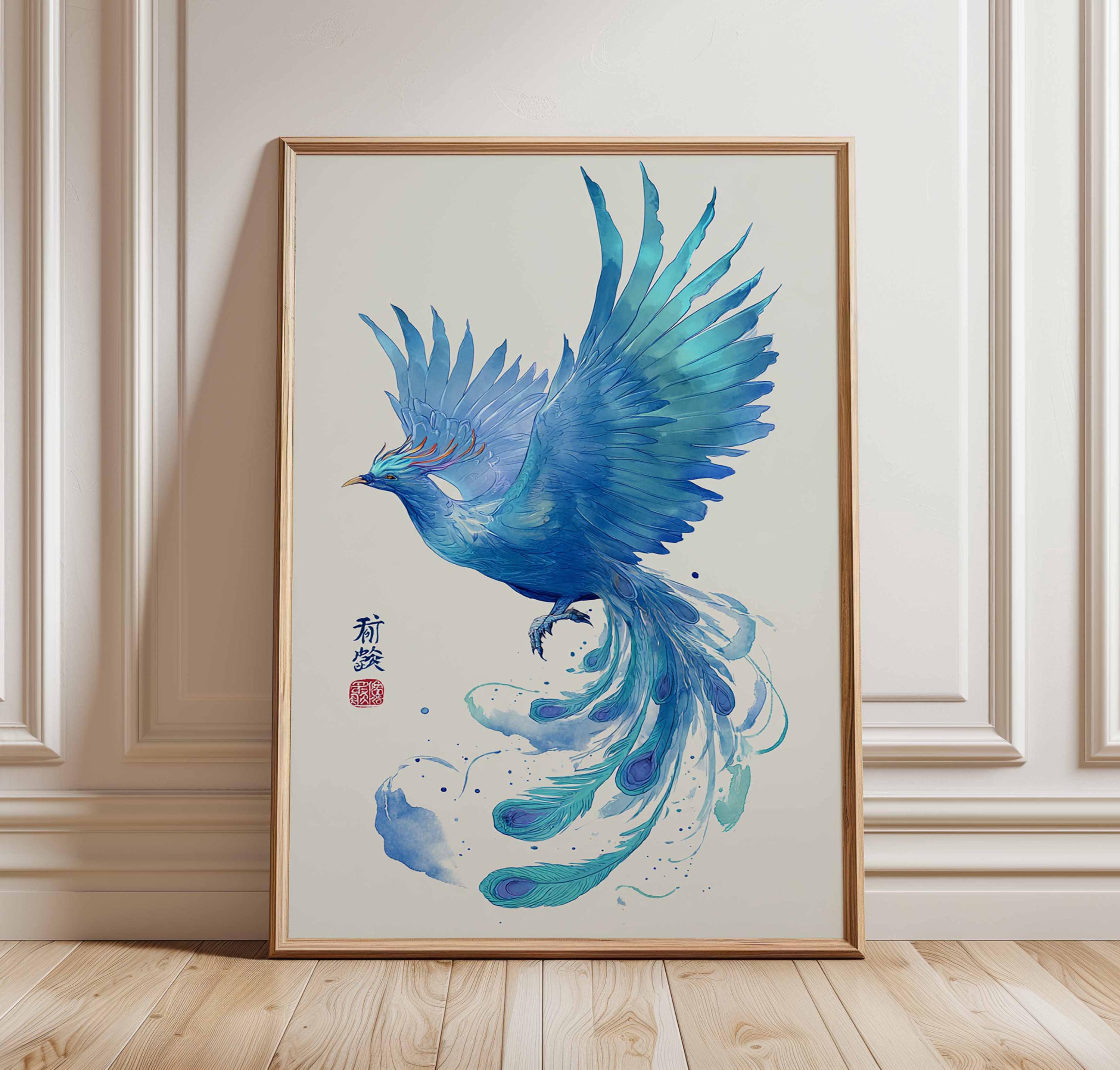 ブルーフェニックス水彩画アートプリント - 神話の鳥の壁飾り、アジア