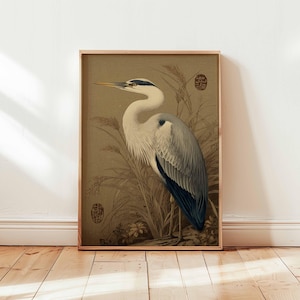 Japanese Heron Wall Art Print, Traditional Bird Poster Design, Antique Nature Unframed Decor, Oriental Botanical Illustration