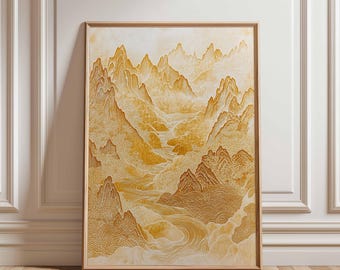 Golden Japanese Mountain Wall Art, Zen Landscape Poster, Minimal