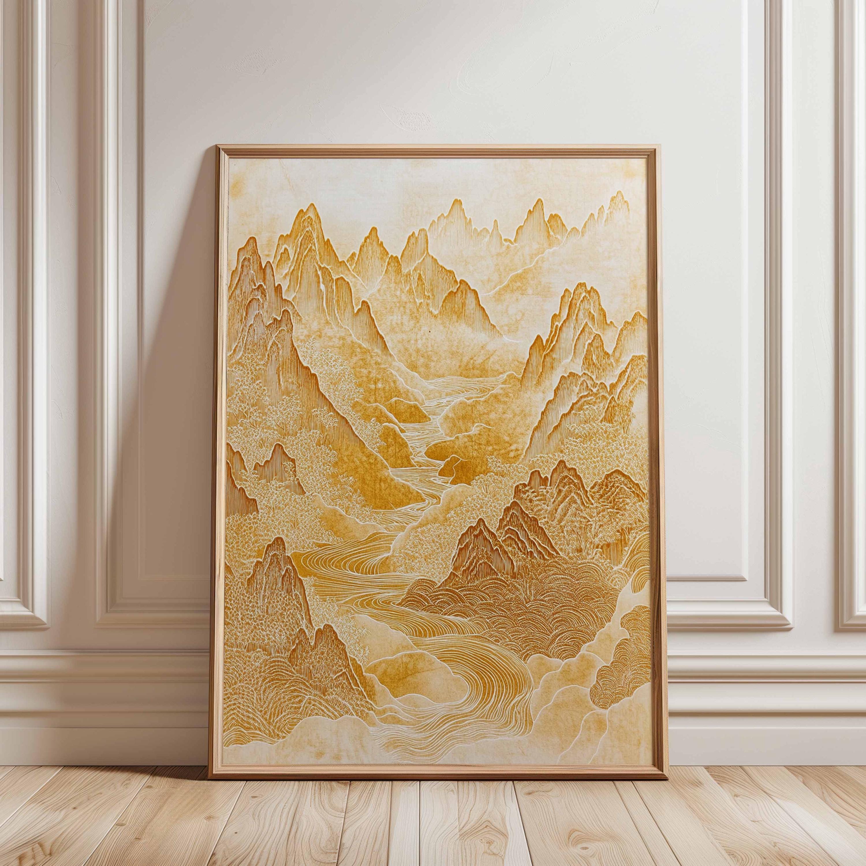 Golden Motion（ゴールデン・モーション） インテリアアート Golden Japanese Mountain Wall Art, Zen Landscape Poster, Minimal