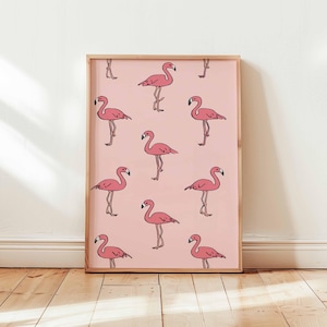 Cute Pink Flamingo Print, Minimalist Cartoon Bird Poster, Fun Pink Wall Art for Nursery, Girls Room or Tropical Kids Decor