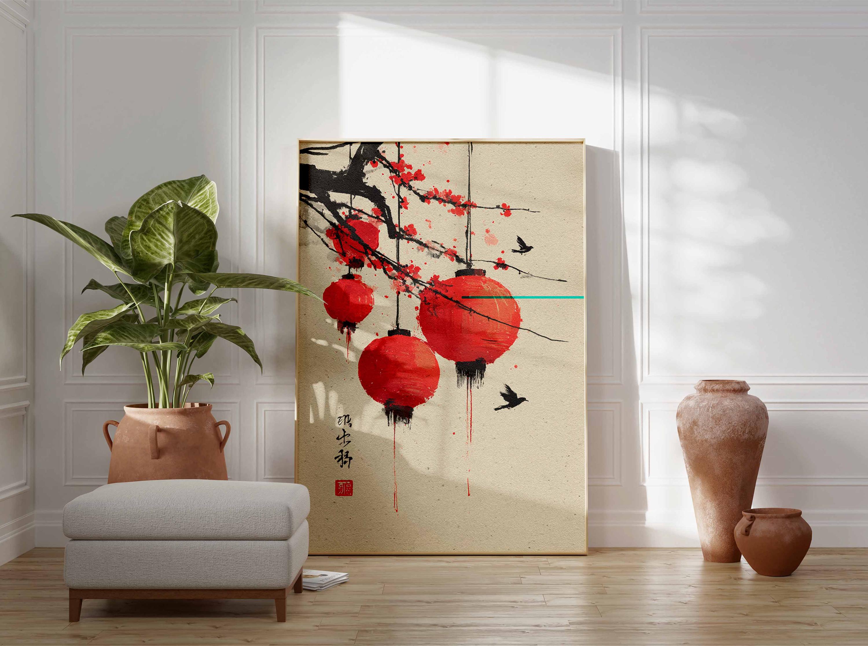 Lucky仮注文ページ【エシェンゾー　レジン3Dアート】　A3サイズ Red Lantern Poster, Chinese Lantern Wall Art, Cherry Blossom Print